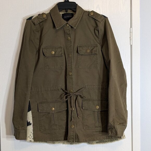 BLU PEPPER Army Green Utility Jacket w Sweater Knit Back; Snaps; Size S - Picture 2 of 6